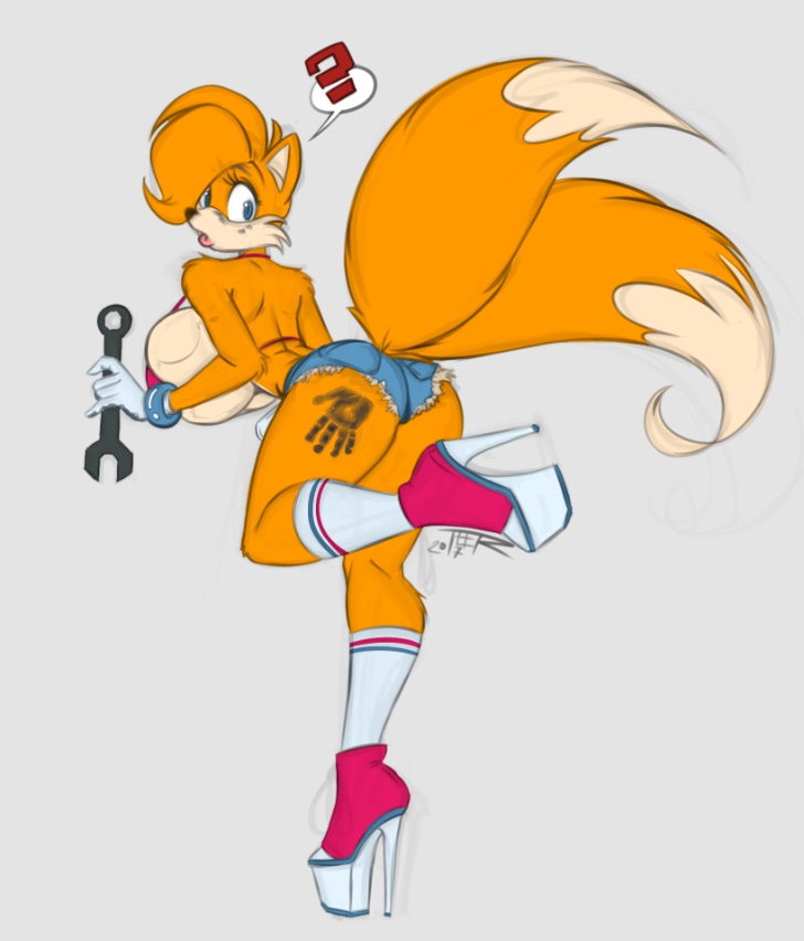 anthro big_breasts biped blue_eyes breast_implants breasts butt clothing crossgender female footwear fur hair hand_print high_heels legwear mtf_crossgender orange_body orange_fur platform_footwear platform_heels question_mark shoes simple_background socks solo tools wrench teer sega sonic_the_hedgehog_(series) miles_prower canid canine fox mammal 2017