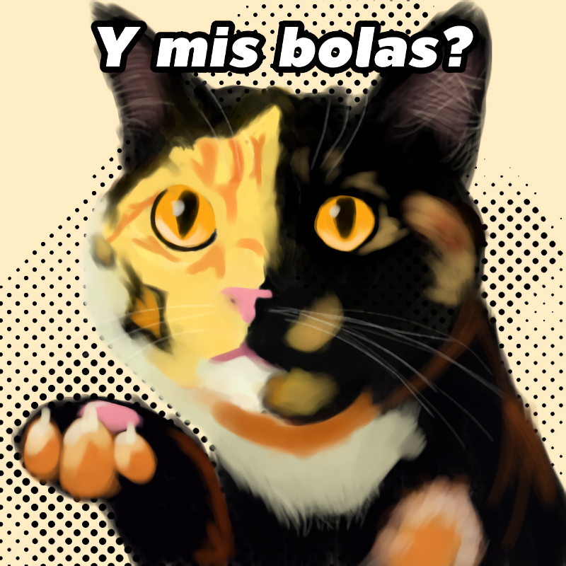 :3 ambiguous_gender asking_viewer claws dotted_background feral fur gesture hand_gesture humor looking_at_viewer multicolored_body pattern_background pawpads pupils simple_background slit_pupils solo talking_to_viewer text whiskers yellow_sclera foxstep_(artist) domestic_cat felid feline felis mammal tortoiseshell_cat 1:1 digital_drawing_(artwork) digital_media_(artwork) meme spanish_text translated