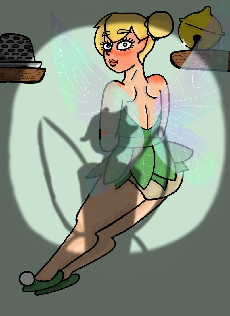 backless_clothing backless_dress bell blush caught_in_the_act caught_off_guard clothed clothing diaper dress embarrassed female green_clothing green_dress insect_wings solo wearing_diaper wings xeinaarts disney disney_fairies peter_pan tinker_bell fairy human mammal pixie 2024 digital_media_(artwork) signature