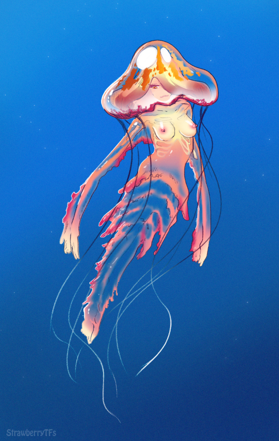 breasts feet female glistening glistening_body implied_transformation looking_down nipples nude simple_background solo tentacles translucent translucent_body underwater water strawberrytfs animal_humanoid cnidarian human humanoid jellyfish mammal marine medusozoan 2024 digital_media_(artwork)