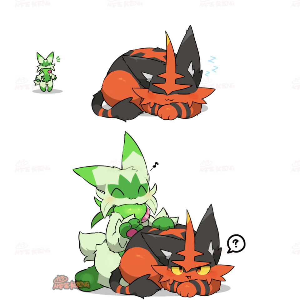 :3 ^w^ ambiguous_gender anthro black_body black_fur blush claws dipstick_ears duo ear_markings eyes_closed feral fur gloves_(marking) green_body green_fur green_tail grey_inner_ear kneeling leg_markings markings multicolored_body multicolored_ears multicolored_fur musical_note musical_symbol open_mouth pawpads paws petting pink_pawpads question_mark red_body red_fur simple_background sleeping socks_(marking) sound_effects speech_bubble standing stripes symbol tail two_tone_body two_tone_fur vowelless vowelless_sound_effect white_background white_claws yellow_eyes zzz tontaro nintendo pokemon felid feline floragato generation_7_pokemon generation_9_pokemon mammal pokemon_(species) torracat 1:1 2d_animation animated short_playtime signature watermark