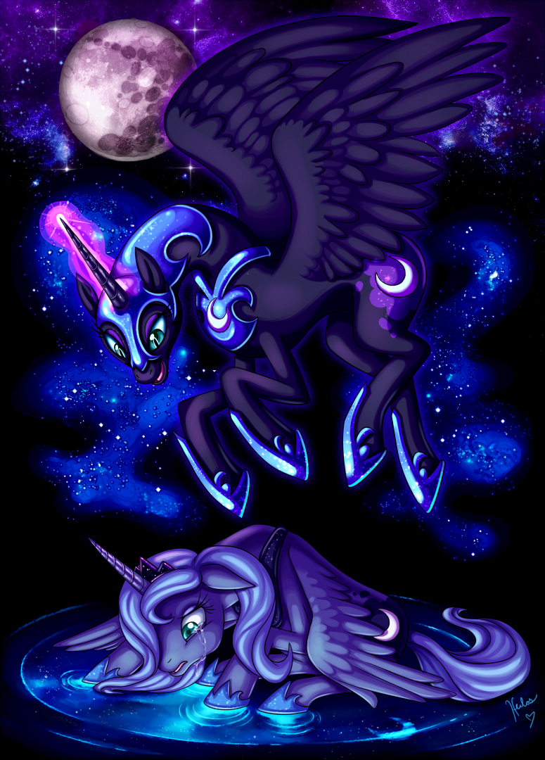 armor blue_hair bodily_fluids crown crying cutie_mark duo feathered_wings feathers female feral hair headgear horn long_hair mare_in_the_moon moon night outside quadruped simple_background star tail tears water wings heilos friendship_is_magic hasbro my_little_pony mythology nightmare_moon_(mlp) princess_luna_(mlp) equid equine mammal mythological_creature mythological_equine winged_unicorn cool_colors