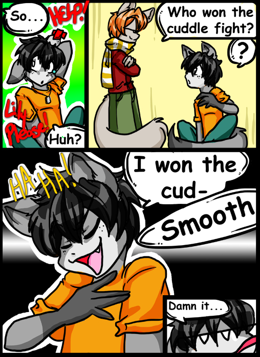 anthro black_hair clothing cuddle_fight dog_tags duo fluffy fluffy_tail hair humor male tail darkfoxsoldier xizana free_to_a_good_home_(webcomic) kai_volikov zeno canid canine canis domestic_dog felid mammal wolf comic digital_media_(artwork)