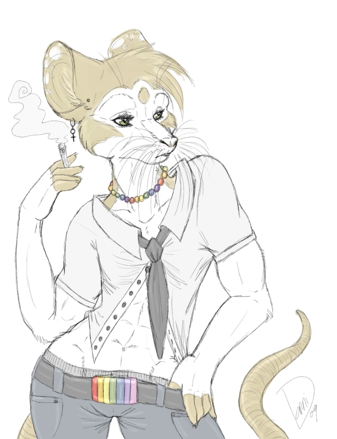 anthro biped clothed clothing female man's_shirt necktie open_clothing open_shirt open_topwear rainbow_colors shirt smoking solo standing stated_homosexuality stated_sexuality tail topwear fareme goldenfox danni mammal murid murine rat rodent