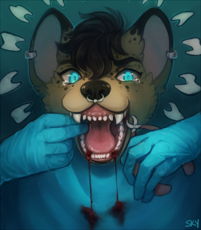 ambiguous_gender anthro blood blood_from_mouth blood_in_mouth blue_clothing blue_eyes blue_gloves blue_handwear bodily_fluids brown_body brown_fur clothing defanged dental_torture dentist dentist_tool disembodied_hand duo ear_piercing ear_ring facial_piercing fangs finger_in_mouth fingers fish_hooking fur furgonomics furry-specific_piercing gloves gums gums_(mouth) hair handwear holding_object humanoid_hands medical_gloves missing_teeth nose_piercing nose_ring open_mouth piercing pliers pulling_teeth ring_piercing short_hair tears teeth tongue tools tooth_removal allegrosky goretober hyena mammal spotted_hyena