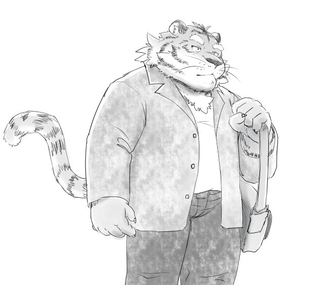 anthro bottomwear clothing humanoid_hands male overweight overweight_anthro overweight_male pants shirt simple_background solo topwear white_background tiger_cub felid mammal pantherine tiger 2017