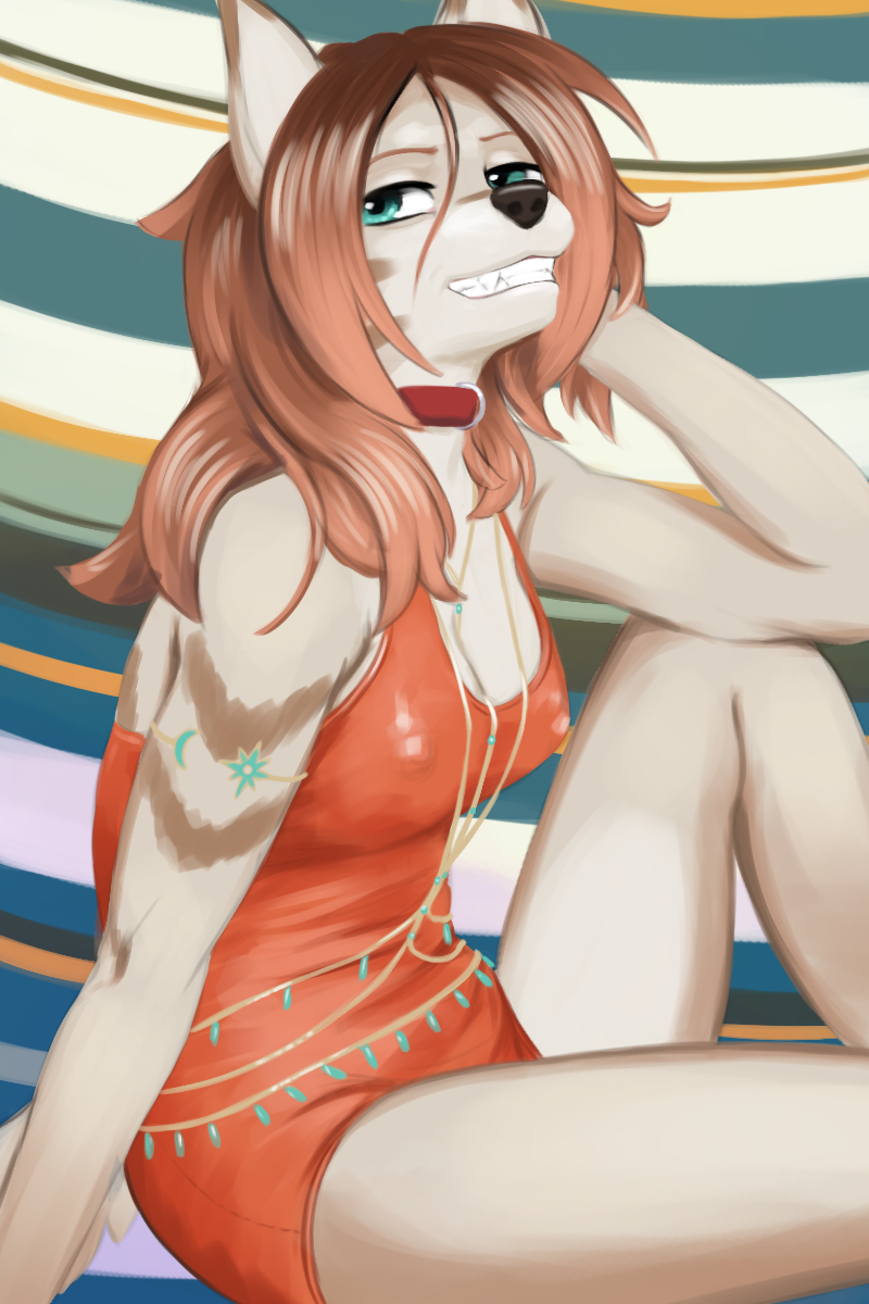 anthro blue_eyes breasts cleavage clothed clothing collar female fully_clothed hair jewelry looking_at_viewer nipple_outline one-piece_swimsuit orange_clothing orange_swimwear red_hair sitting smile solo swimwear seff_(artist) winter_(foxyneko) canid canine canis fox hybrid mammal wolf 2023 2:3 hi_res