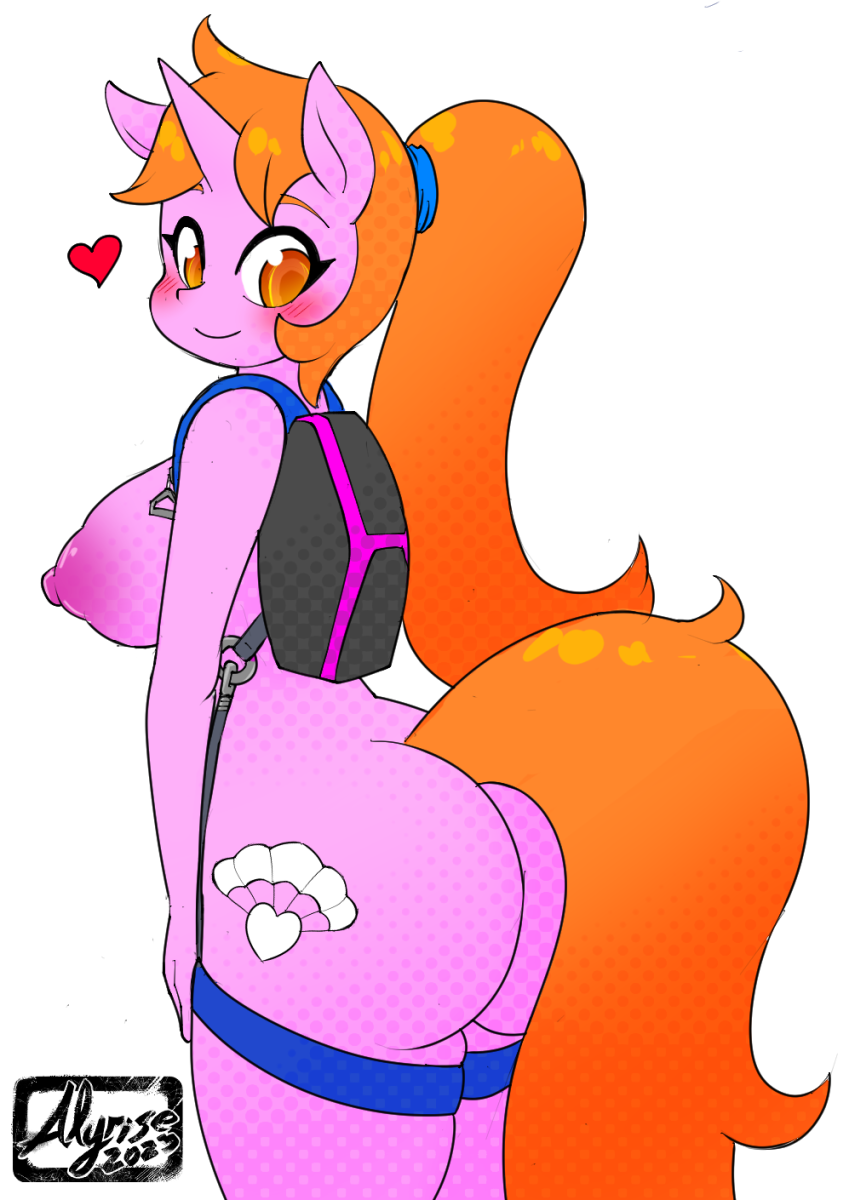 alternate_species amber_eyes anthro backpack backpack_only big_breasts big_butt blush breasts butt cutie_mark female fluffy fluffy_tail fur hair harness heart_symbol horn huge_butt looking_back nipples nude orange_hair parachute_pack pink_body pink_fur pink_horn pink_nipples ponytail rear_view simple_background smile solo tail white_background alyrise hasbro my_little_pony mythology fan_character equid equine horse mammal mythological_creature mythological_equine pony unicorn 2023 hi_res signature