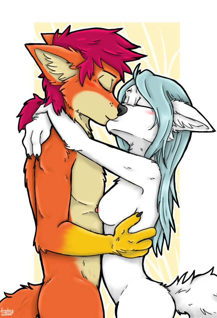 4_fingers blue_hair blush breasts countershading duo female fingers fur hair hug kissing male male/female orange_body orange_fur purple_hair romantic romantic_couple white_body white_fur yellow_body yellow_fur ziegelzeig bad_guy_cafe fire_(firefox) ice_ravdottir_(firefox) arctic_fox canid canine fox mammal true_fox 2022