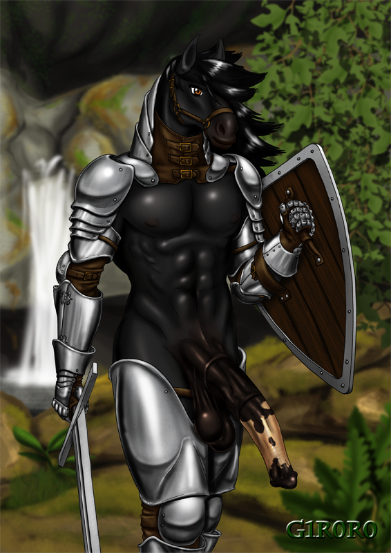 abs animal_genitalia animal_penis anthro armor armor_only athletic athletic_anthro athletic_male balls biceps big_penis black_balls black_hair bottomless bottomless_anthro bottomless_male bracers bridle brown_eyes clothed clothing equine_genitalia equine_penis exposed_balls fur gauntlets genitals gloves grass greaves hair half-erect handwear heater_shield huge_penis long_penis longsword male mane medial_ring melee_weapon moss mostly_nude_anthro mostly_nude_male mottled mottled_genitalia mottled_penis muscular muscular_anthro muscular_male nipples pauldron pecs penis plant platemail pond presenting presenting_balls presenting_penis red_eyes rock saggy_balls shield solo sword thick_penis topless topless_anthro topless_male tree unconvincing_armor water waterfall weapon wood wood_shield g1r0r0 equid equine horse mammal digital_media_(artwork)