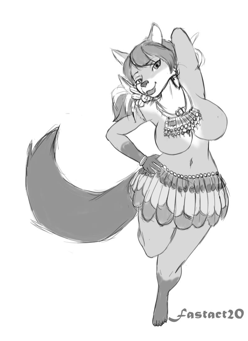 anthro breasts featureless_breasts featureless_crotch female solo tribal tribal_clothing fastact20 sheep_and_wolves wizart_animation leah_(sheep_and_wolves) canid canine canis mammal wolf monochrome