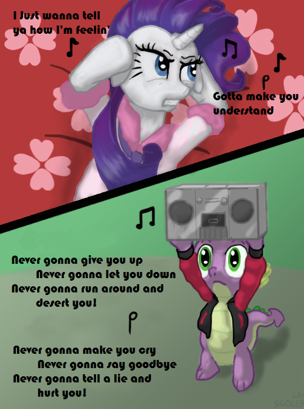 bathrobe bedding blanket blue_eyes boombox clothing duo female feral green_eyes hair horn jacket male musical_note musical_symbol parody purple_hair robe symbol tail text topwear sgolem friendship_is_magic hasbro my_little_pony mythology never_gonna_give_you_up rickroll rarity_(mlp) rick_astley spike_(mlp) dragon equid equine mammal mythological_creature mythological_equine mythological_scalie scalie unicorn comic english_text meme