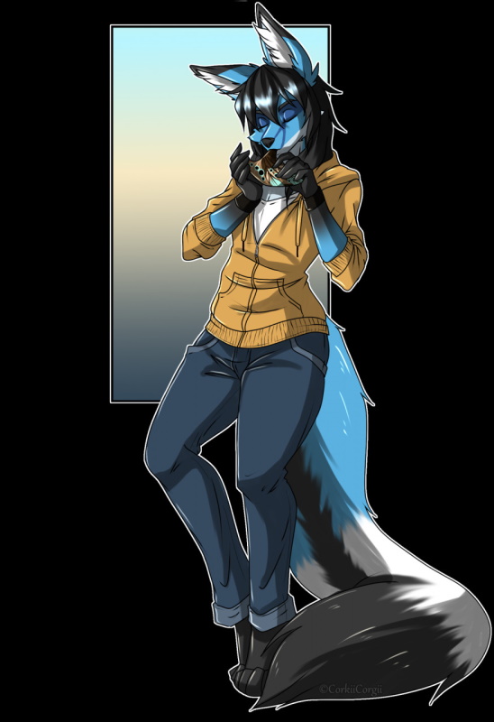 anthro blue_body blue_fur bottomwear clothing denim denim_bottomwear denim_clothing fur jeans male multicolored_body multicolored_fur musical_instrument ocarina pants playing_ocarina simple_background solo sweater topwear wind_instrument corkiicorgii blixt_(character) canid canine fox mammal