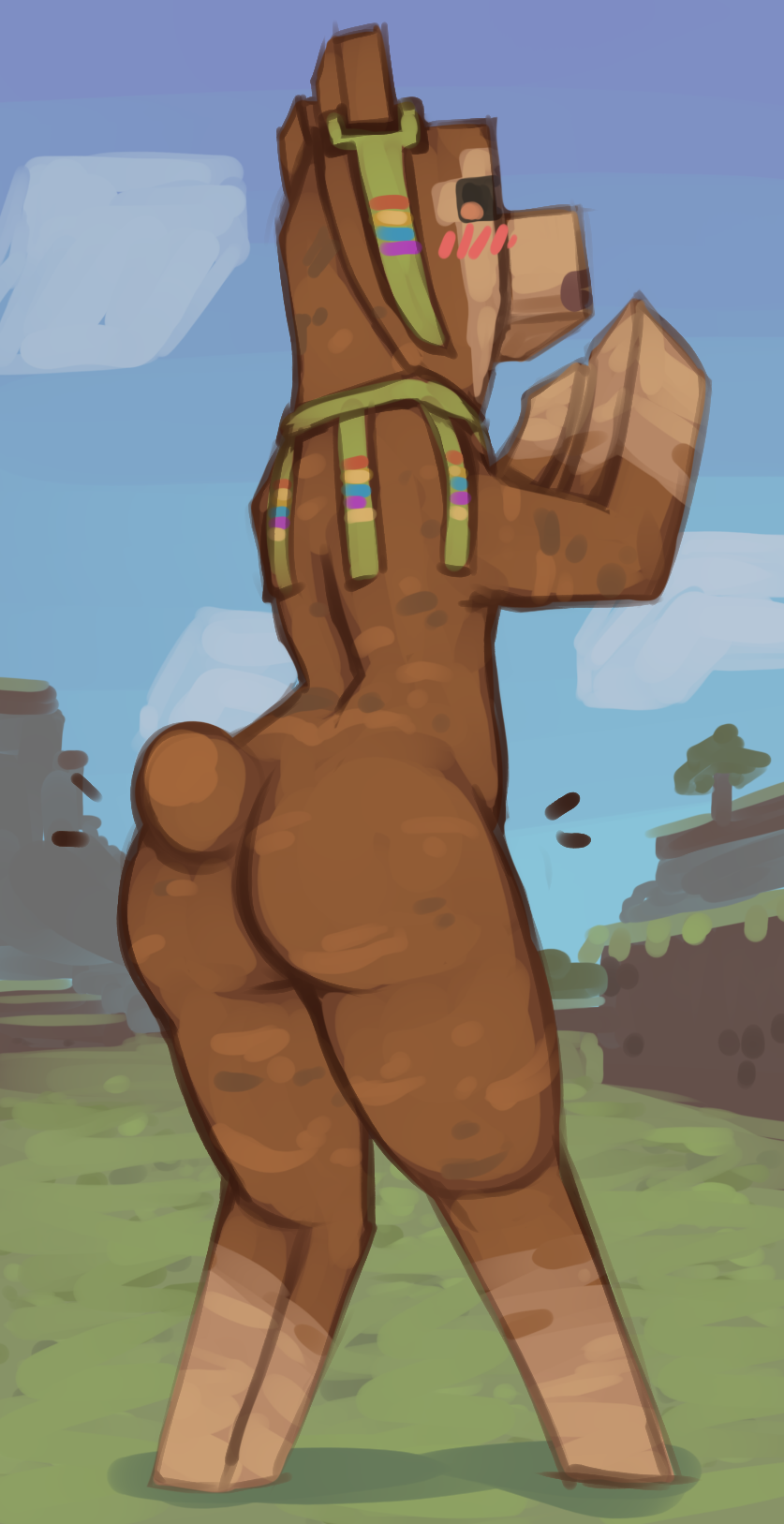 anthro anthrofied blush blush_lines brown_body butt cloud day detailed_background female grass knock-kneed looking_at_viewer looking_back looking_back_at_viewer nub_tail nude outside pink_blush plant rear_view sky solo standing tail tree marsminer microsoft minecraft mojang xbox_game_studios camelid llama llama_(minecraft) mammal trader_llama digital_media_(artwork) digital_painting_(artwork) hi_res