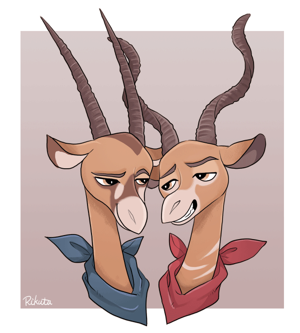 anthro border brown_background brown_body brown_eyes canon_couple duo eye_contact grin horn kerchief looking_at_another male neckerchief neckwear romantic romantic_couple simple_background smile white_border rikuta_tp disney zootopia bucky_oryx-antlerson pronk_oryx-antlerson antelope bovid bovine gemsbok grazing_antelope kudu mammal oryx spiral-horned_antelope headshot_portrait portrait