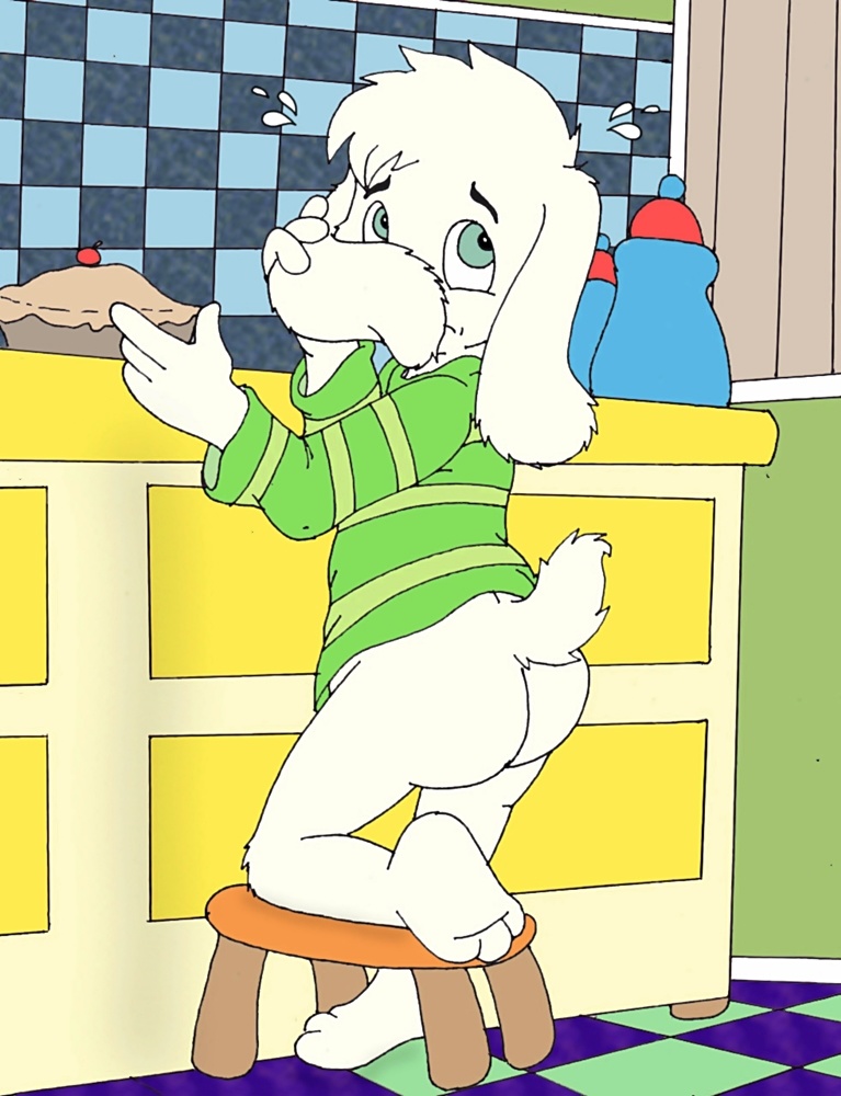 anthro bottomless bottomless_anthro butt clothed clothing dessert food male pastry pattern_clothing pattern_shirt pattern_topwear pie shirt solo striped_clothing striped_shirt striped_topwear stripes topwear young young_male nelson88 undertale undertale_(series) asriel_dreemurr boss_monster_(undertale) bovid caprine mammal