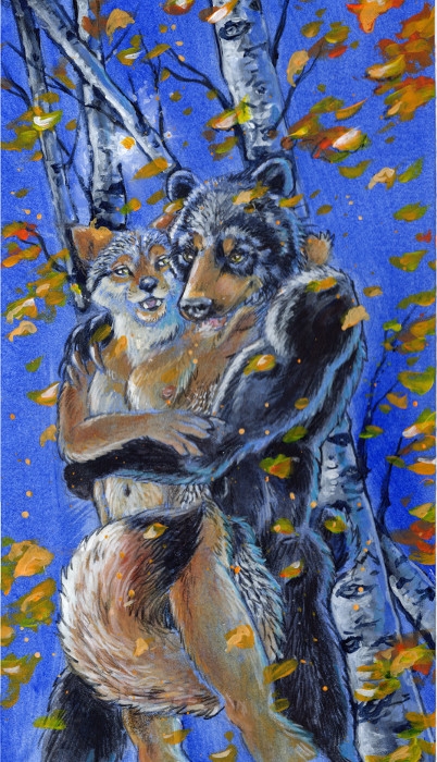 anthro aspen_tree black_body black_fur brown_body brown_fur claws covering covering_self covering_self_with_tail duo fur hug looking_at_viewer male male/male muscular muscular_anthro muscular_arms muscular_male nipples nude open_mouth plant sky tail tan_body tan_fur tree white_body white_fur heather_bruton bear canid canine canis mammal wolf 2023