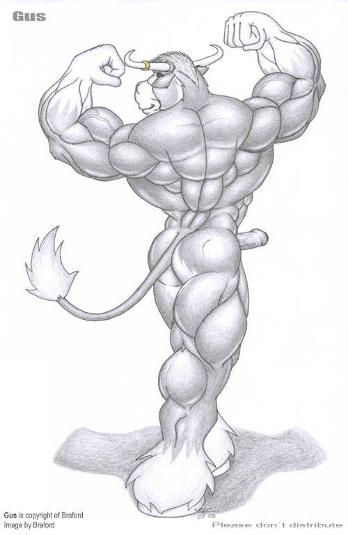 anthro biceps big_muscles butt erection foreskin fur genitals grey_body grey_fur hooves horn huge_muscles humanoid_genitalia humanoid_penis male muscular muscular_anthro muscular_male nude partially_retracted_foreskin penis ring solo tail tail_tuft text tuft vein braford gus_(braford) bovid bovine cattle mammal english_text traditional_media_(artwork)