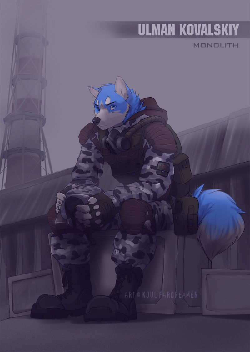 anthro armor backpack black_nose blue_body blue_eyes blue_fur blue_tail boots camo chernobyl clothing fog footwear frown fur gas_mask headgear helmet kevlar looking_at_viewer male mask monolith_(faction) shoes solo tail topwear vest white_body white_fur koul s.t.a.l.k.e.r. canid canine canis domestic_dog husky mammal nordic_sled_dog spitz