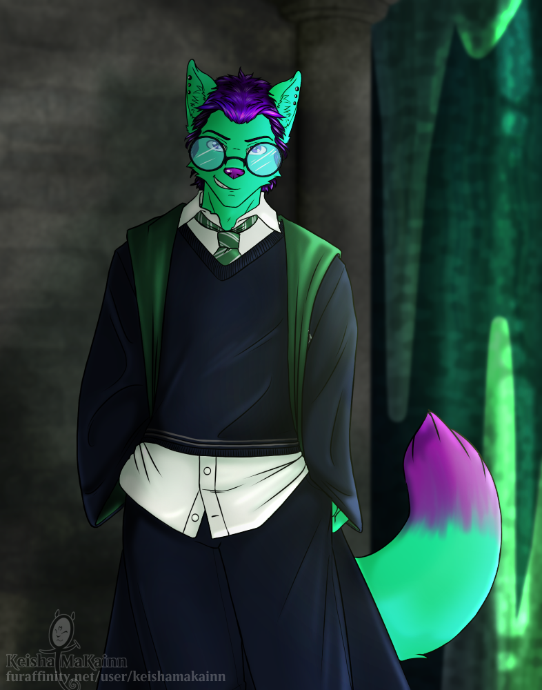 anthro clothing eyewear glasses hogwarts_uniform male school_uniform slytherin smile smirk solo uniform untucked_shirt keisha_makainn harry_potter_(series) canid canine fox mammal 2017