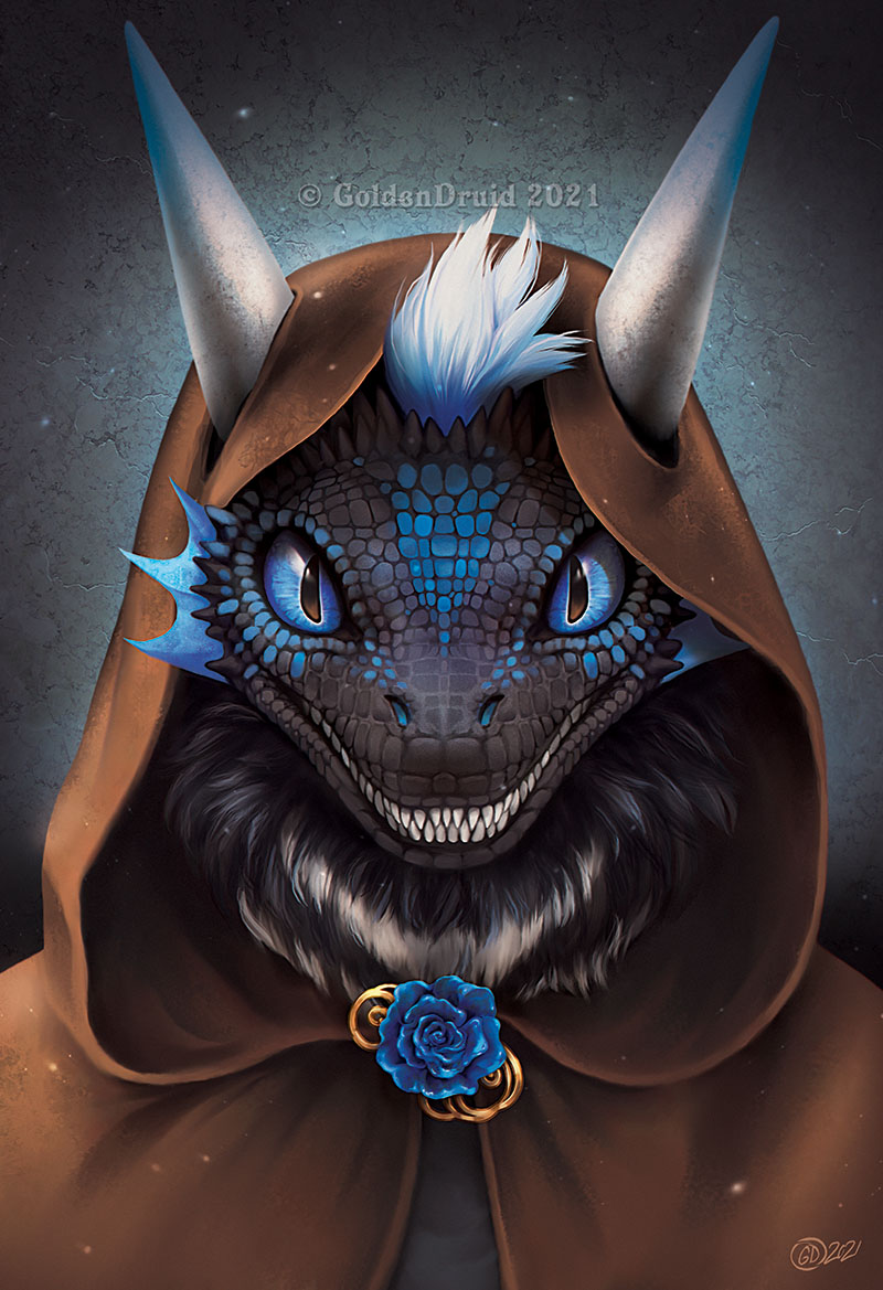 anthro black_body black_scales blue_eyes clothed clothing fluffy horn scales smile solo teeth goldendruid mythology dragon mythological_creature mythological_scalie reptile scalie 2021 digital_media_(artwork) headshot_portrait portrait