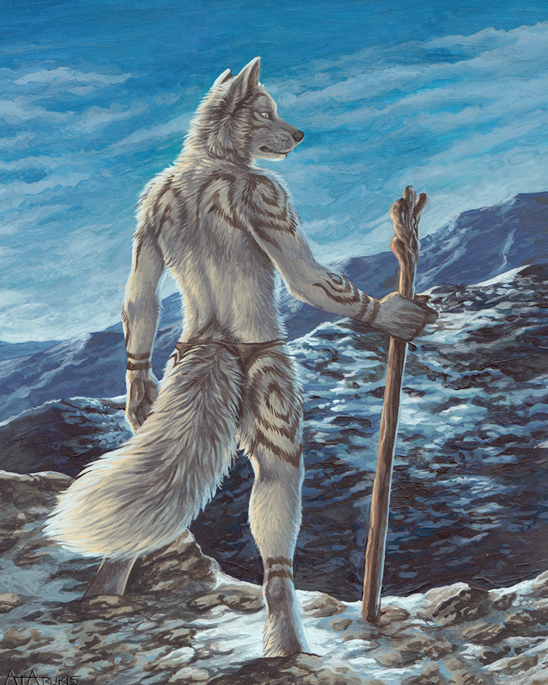 anthro barefoot biped black_nose blind bottomwear clothed clothed_anthro clothed_male clothing cold detailed_background digitigrade disability feet fluffy fluffy_tail fur holding_object holding_staff humanoid_hands loincloth loincloth_only male male_anthro markings mountain mouth_closed neck_tuft outside rear_view sky snow solo staff standing tail tattoo topless topless_anthro topless_male tribal tribal_markings tuft walking_stick whisker_spots whiskers white_body white_fur rukis red_lantern_universe puquanah arctic_fox canid canine fox mammal true_fox 2015 4:5 acrylic_painting_(artwork) full-length_portrait painting_(artwork) portrait signature