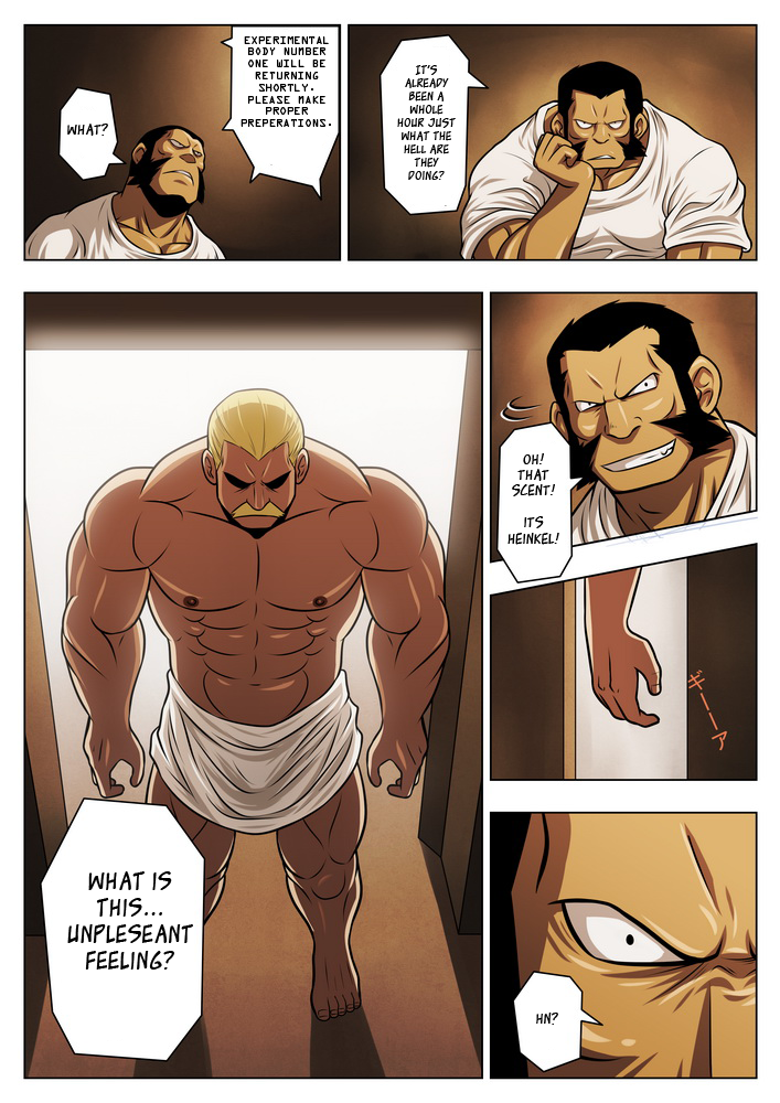 abs blonde_hair dialogue facial_hair hair male muscular mustache pecs text towel towel_around_waist zelo_lee fullmetal_alchemist darius_(fullmetal_alchemist) heinkel_(fullmetal_alchemist) human mammal comic english_text translated