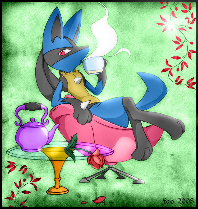 ambiguous_gender anthro beverage blue_body blue_fur chair flower fur furniture green_background peaceful petals plant pseudo_clothing red_eyes rose_(flower) simple_background sitting solo spikes steam table tail tea teapot tranquil yellow_body yellow_fur antif10 sciencefox nintendo pokemon canid canine generation_4_pokemon lucario mammal pokemon_(species) colored