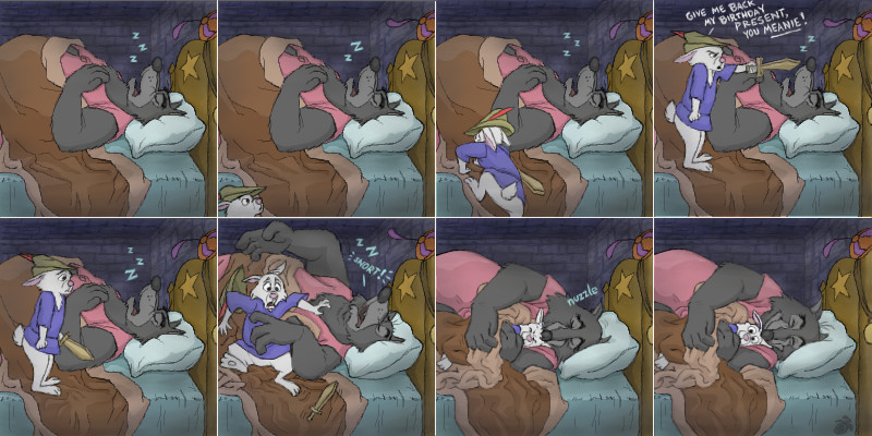 anthro bed bedroom clothing dialogue duo furniture hat headgear headwear hug hugging_another hugging_from_behind humor male sleeping toy_sword young young_anthro blackberry_dragon disney robin_hood_(disney) sheriff_of_nottingham skippy canid canine canis lagomorph leporid mammal rabbit wolf 2006 comic