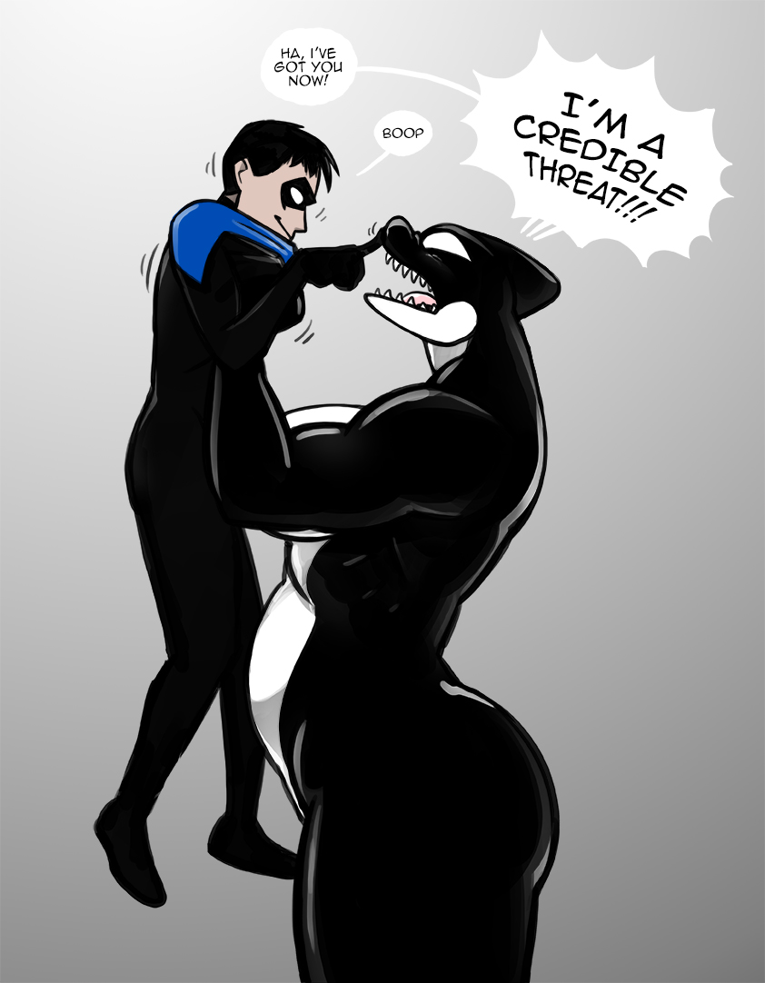 anthro big_breasts black_hair boop breasts dialogue female hair human_on_anthro interspecies larger_female lifting male mask muscular muscular_female nude open_mouth sharp_teeth size_difference smaller_male smile speech_bubble teeth text transient001 dc_comics nightwing_(dc) orca_(dc) cetacean dolphin human mammal marine nightwing oceanic_dolphin orca toothed_whale english_text