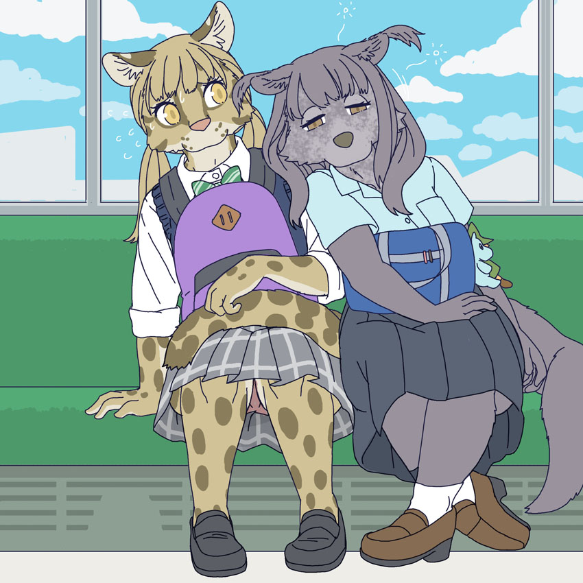 anthro asian_clothing clothed clothing duo east_asian_clothing female japanese_clothing japanese_school_uniform kemono panties panty_shot school_uniform tired train underwear uniform vehicle ekaki510 binturong clouded_leopard felid mammal pantherine viverrid 1:1