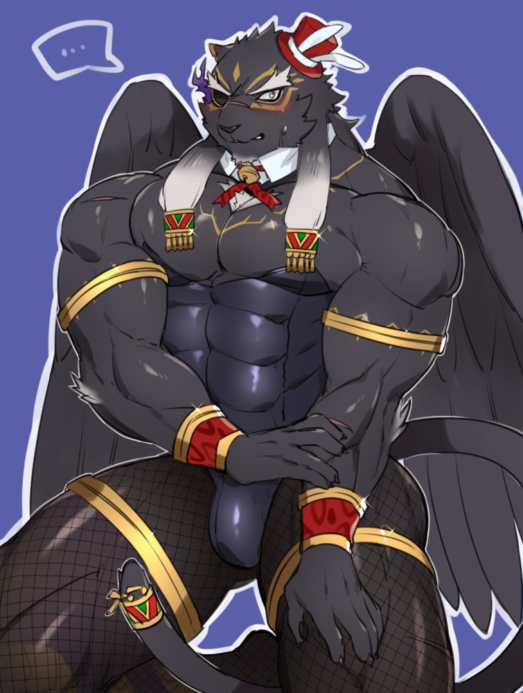 abs anthro biceps black_body black_fur blush clothing ellipsis embarrassed eye_patch eyebrows eyewear fishnet_clothing fishnet_leggings fishnet_legwear fur hair_tassels leggings legwear male muscular muscular_anthro muscular_male pecs playboy_outfit solo thick_eyebrows wings aaassstaro lifewonders tokyo_afterschool_summoners tezcatlipoca_(tas) felid mammal pantherine