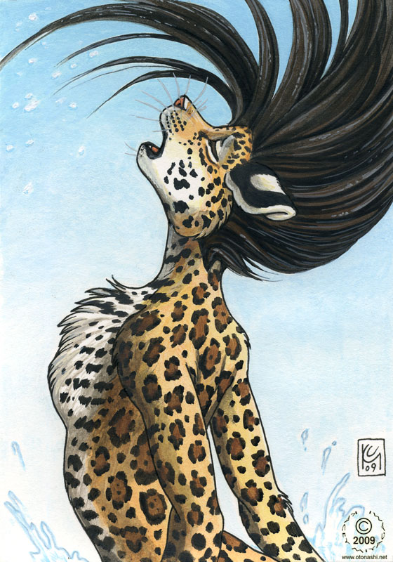 anthro breasts brown_spots casual_nudity female hair leopard_spots long_hair nude open_mouth side_boob solo spots surfacing water kacey felid jaguar mammal pantherine 2009