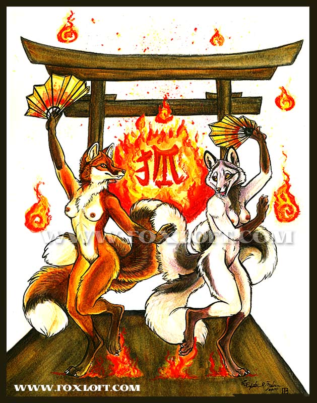 anthro breasts duo female fire hand_fan nipples nude tail torii foxfeather canid canine fox mammal 2010 distracting_watermark watermark