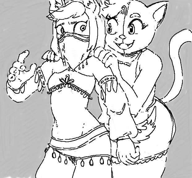 2_tails anthro belly_dancer bottomwear clothing duo female grey_background hair midriff multi_tail simple_background skirt smile tail unsure young lag smekbo latchkey_kingdom janus_tangarian willa_dragonfly felid mammal yuman monochrome