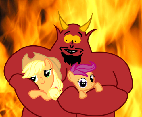 beard blonde_hair facial_hair female feral fire green_eyes group hair hell horn hug male purple_eyes purple_hair smile yellow_eyes young young_female young_feral unknown_artist comedy_central friendship_is_magic hasbro my_little_pony south_park applejack_(mlp) satan scootaloo_(mlp) angel demon earth_pony equid equine fallen_angel horse humanoid mammal pony lucifer_(disambiguation) crossover low_res