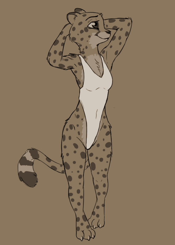 anthro arm_tuft breasts brown_background chest_tuft claws clothing elbow_tuft female fur hands_behind_head markings one-piece_swimsuit simple_background small_breasts smile solo spots spotted_body spotted_fur standing swimwear toe_claws tuft tggeko disney zootopia kii_catano cheetah felid feline mammal restricted_palette