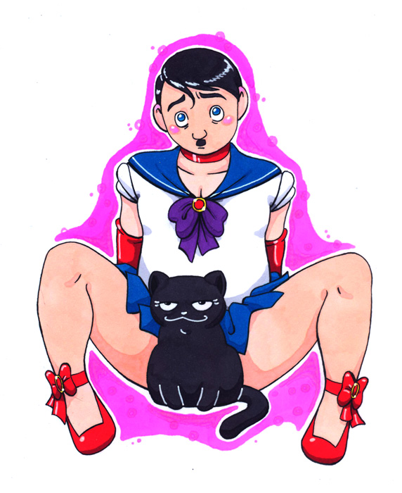 blush brooch clothed clothing cosplay creative_censorship duo feral front_view looking_at_viewer magical_girl_outfit male nazi simple_background smile spread_legs spreading white_background humon real_world sailor_moon_(series) adolf_hitler sailor_moon_(character) usagi_tsukino domestic_cat felid feline felis human mammal censored