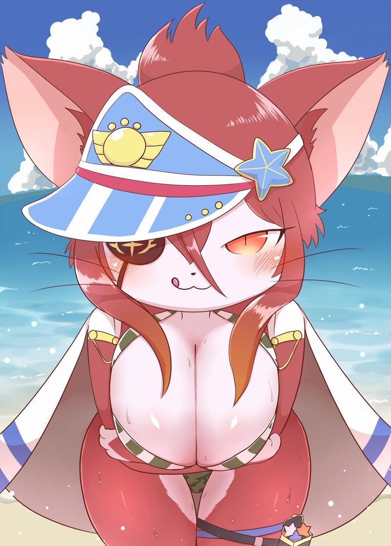 :3 anthro bangs beach bent_over big_breasts black_nose blue_clothing blue_headwear blue_sky blush breasts camo cleavage clothed clothing cloud countershading detailed_background eye_patch eyewear female front_view fur gradient_hair green_clothing green_stripes hair hair_between_eyes hat headgear headwear kemono legband long_hair looking_at_viewer multicolored_body multicolored_fur multicolored_hair orange_eyes orange_hair outside pattern_clothing pink_tongue ponytail pupils red_body red_fur red_hair sand sea seaside sky slit_pupils small_nose solo star striped_clothing stripes summer swimwear thighband tongue tongue_out two_tone_body two_tone_fur two_tone_hair visor_cap water whiskers white_body white_clothing white_countershading white_fur white_stripes kajiura cat_busters hinozuki domestic_cat felid feline felis mammal digital_media_(artwork)