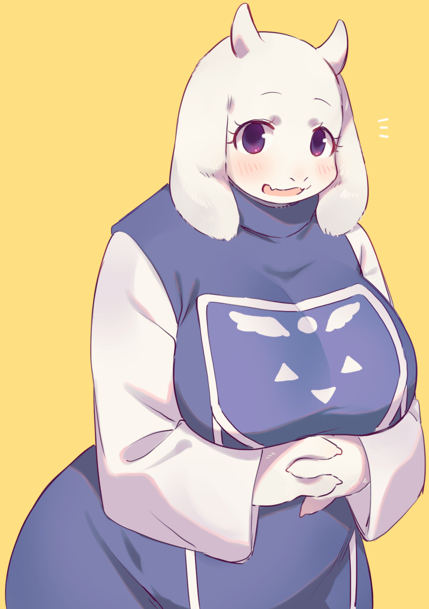 anthro big_breasts blush breasts clothing female floppy_ears front_view fur horn looking_at_viewer mature_anthro mature_female open_mouth open_smile purple_eyes simple_background smile solo standing white_body white_fur yellow_background sgsix undertale undertale_(series) toriel bovid caprine goat mammal 2020 half-length_portrait hi_res portrait