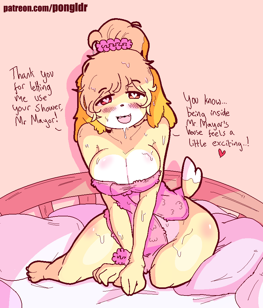 anthro bed big_breasts blush breasts cleavage clothed clothing dialogue female fur furniture hair heart_eyes heart_symbol looking_at_viewer nude open_mouth pillow simple_background smile solo text towel wet wet_body wet_fur yellow_body yellow_fur pongldr animal_crossing nintendo isabelle_(animal_crossing) canid canine canis domestic_dog mammal shih_tzu toy_dog 2019 digital_media_(artwork) english_text url