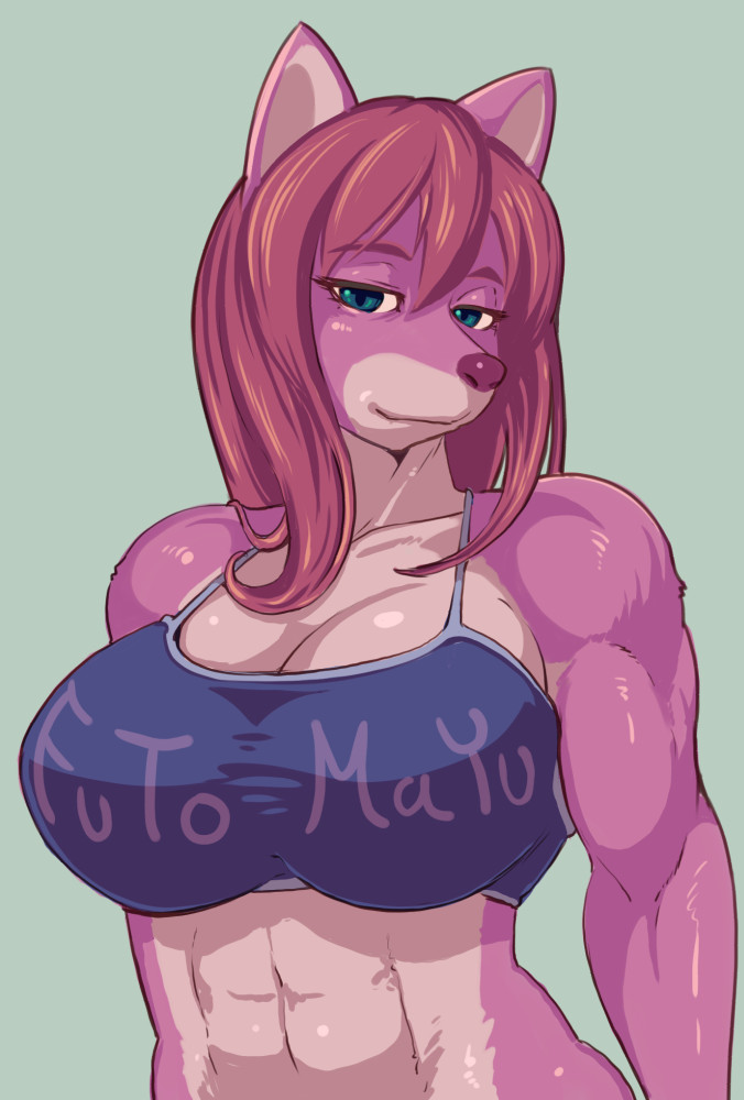 abs anthro big_breasts blue_eyes breasts cleavage clothed clothing female hair kemono long_hair muscular muscular_anthro muscular_female pink_body pink_skin red_hair shirt snout solo spaghetti_strap tank_top text tight_clothing topwear petaroh canid canine mammal