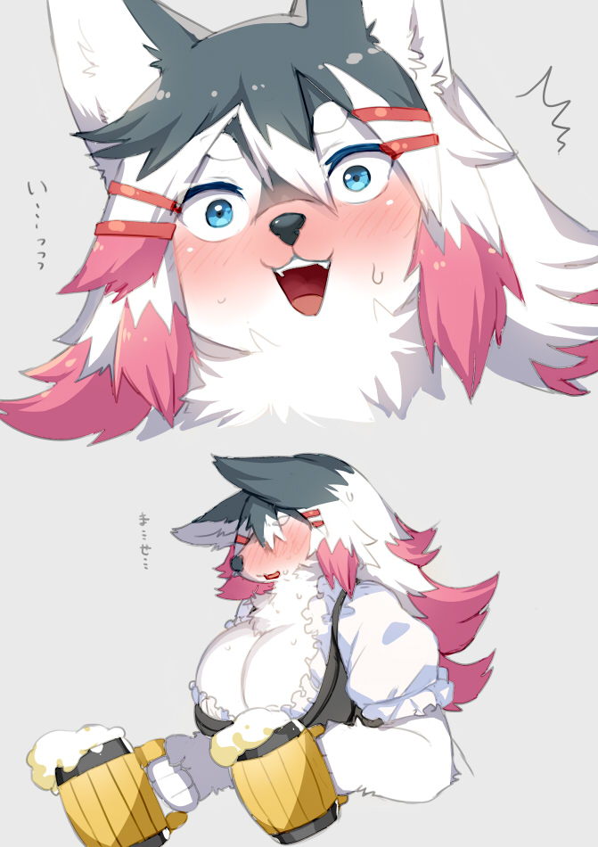 alcohol anthro barmaid beer beverage big_breasts black_body black_fur black_nose blue_eyes blush bodily_fluids breasts cleavage close-up clothed clothing costume fangs female fluffy fur hair inner_ear_fluff kemono long_hair looking_at_viewer multicolored_body multicolored_fur open_mouth pink_body pink_fur simple_background smile solo sweat teeth text tongue tuft white_body white_fur kishibe husky_(kishibe) canid canine canis domestic_dog husky mammal nordic_sled_dog spitz 2017 digital_media_(artwork) japanese_text translated