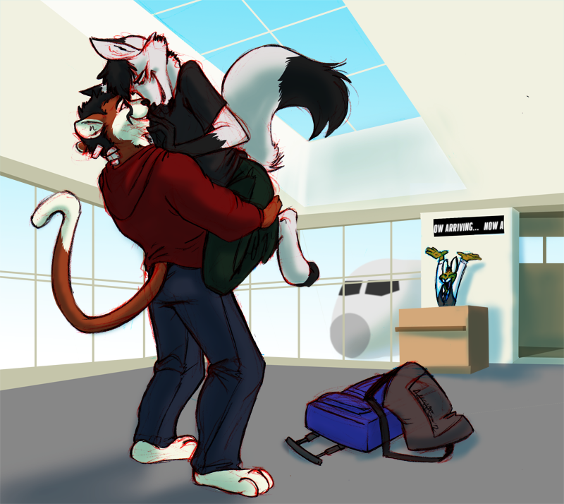 aircraft airplane airport anthro attendant bag being_watched celebration duo_focus group happy hug looking_at_another love male male/male romantic romantic_couple tail vehicle amonomega canid canine domestic_cat felid feline felis fox lagomorph leporid mammal rabbit