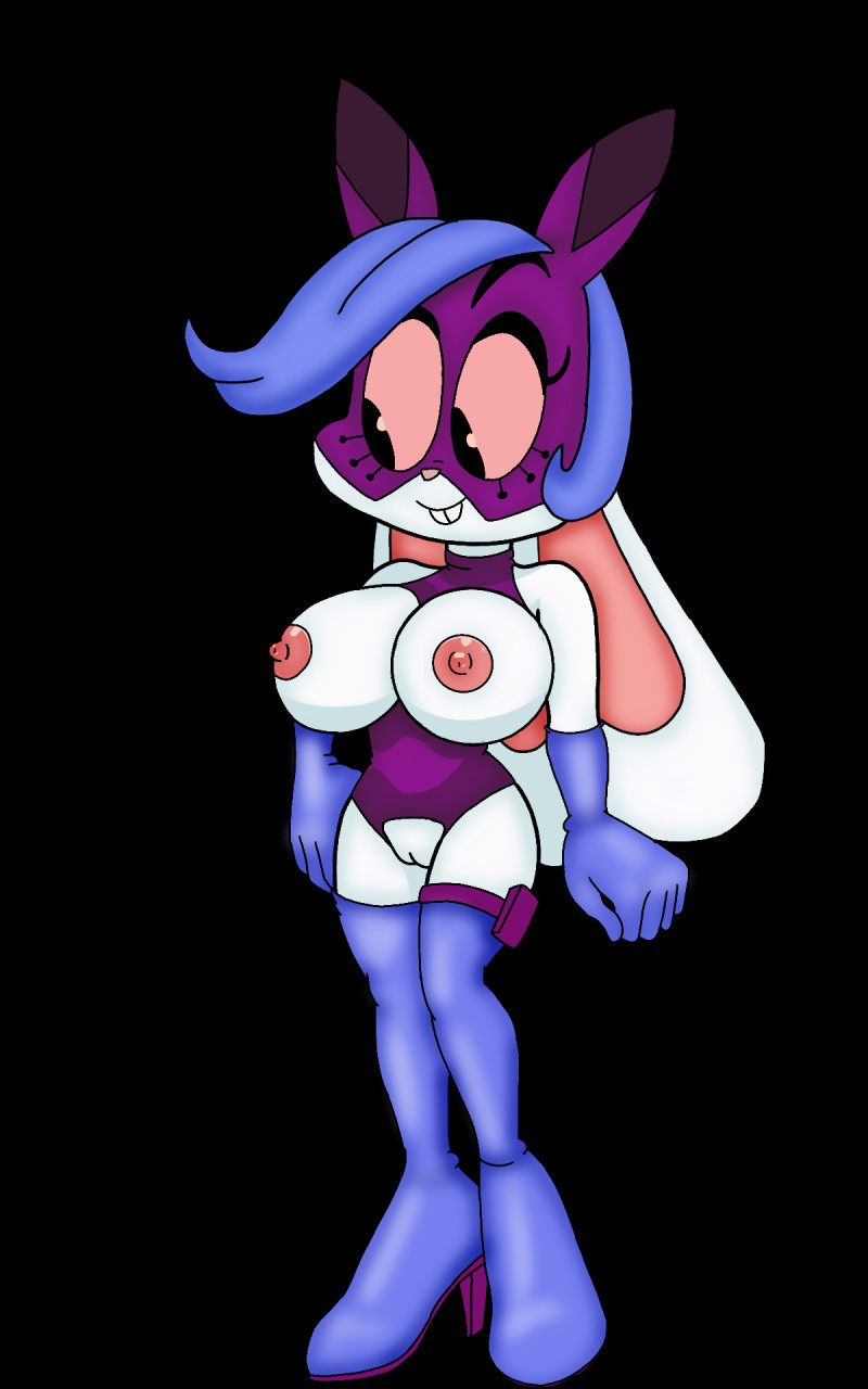 anthro breasts clothing crotchless_clothing exposed_breasts female footwear genitals gloves hair handwear high_heels ineffective_clothing mask nipples purple_hair pussy shoes solo dullehan mighty_magiswords danelda lagomorph mammal 5:8 hi_res