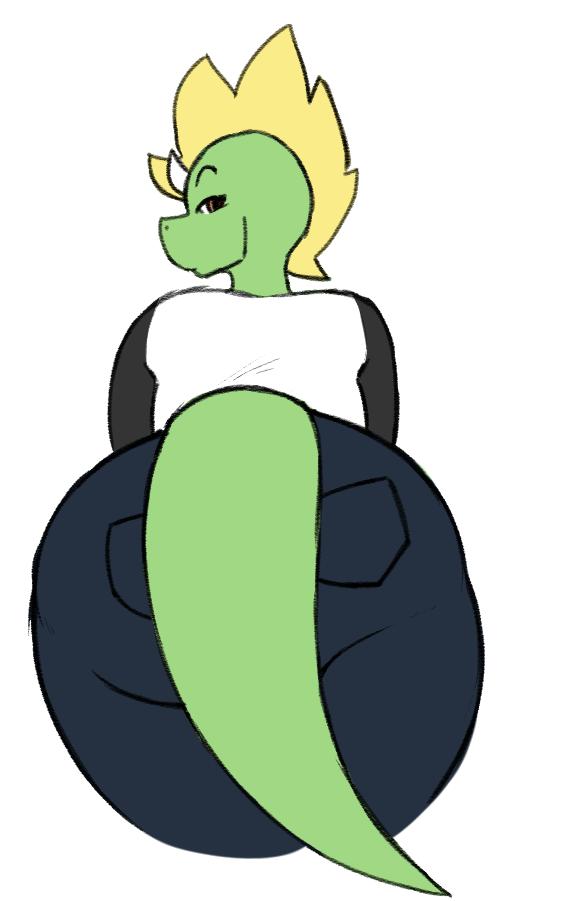 anthro big_butt biped blonde_hair bottomwear brown_eyes butt clothed clothing curvy_figure denim denim_bottomwear denim_clothing female fully_clothed green_body green_scales hair horn jeans leaning leaning_forward long_tail looking_at_viewer looking_back mohawk pants rear_view scales shirt slightly_chubby solo tail thick_tail thick_thighs topwear voluptuous walking wide_hips digitalpelican mythology sasha_(digitalpelican) dragon mythological_creature mythological_scalie scalie