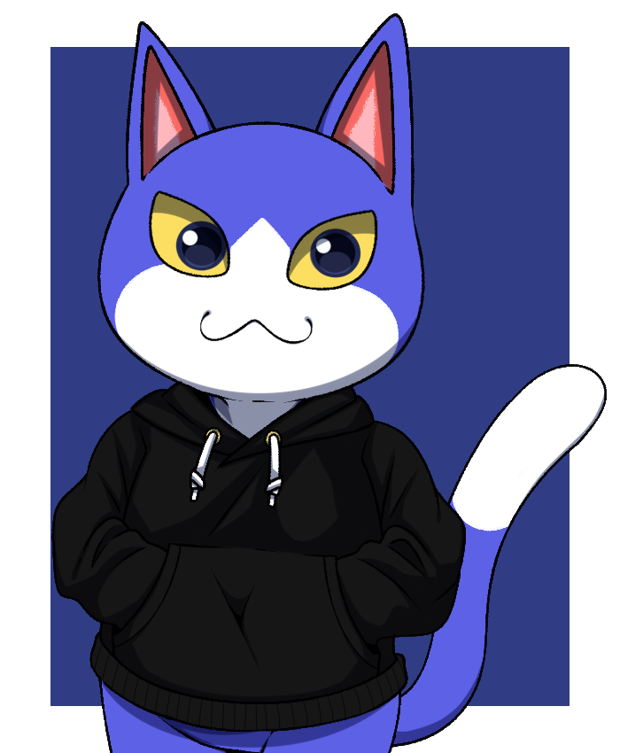 :3 anthro black_clothing black_hoodie black_topwear blue_background blue_body blue_fur border bottomless closed_smile clothed clothing countershade_face countershade_fur countershade_tail countershade_torso countershading dipstick_tail featureless_crotch front_view fur hands_in_both_pockets hoodie hoodie_only male markings mouth_closed multicolored_body multicolored_fur pupils raised_tail simple_background smile solo standing tail tail_markings topwear topwear_only two_tone_body two_tone_fur white_body white_border white_fur yellow_sclera nelfee_09 animal_crossing nintendo tom_(animal_crossing) domestic_cat felid feline felis mammal 2020 cel_shading digital_media_(artwork) half-length_portrait portrait shaded