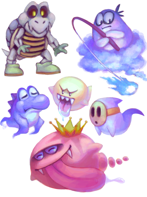 bone crown eyes_closed fangs fire fishing headgear pink_body pink_skin skeleton teeth yellow_eyes algorphoenix luigi's_mansion mario_bros nintendo king_boo boo_(mario) boo_guy dinosaur dry_bones eerie_(mario) fishing_boo ghost lakitu's_cloud prehistoric_species reptile scalie shyguy spirit 3:4