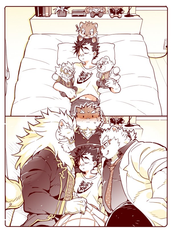 anthro bed bedding blanket blush border clothing coat cuddling eyewear furniture glasses group hair lab_coat male male/male navel necktie plushie ponytail size_difference sleeping suit topwear white_border kensan25 lifewonders tokyo_afterschool_summoners bandaid_protagonist_(tas) leib_(tas) moritaka_(tas) protagonist_(tas) snow_(tas) bear canid canine canis domestic_dog felid human lion mammal pantherine polar_bear ursine