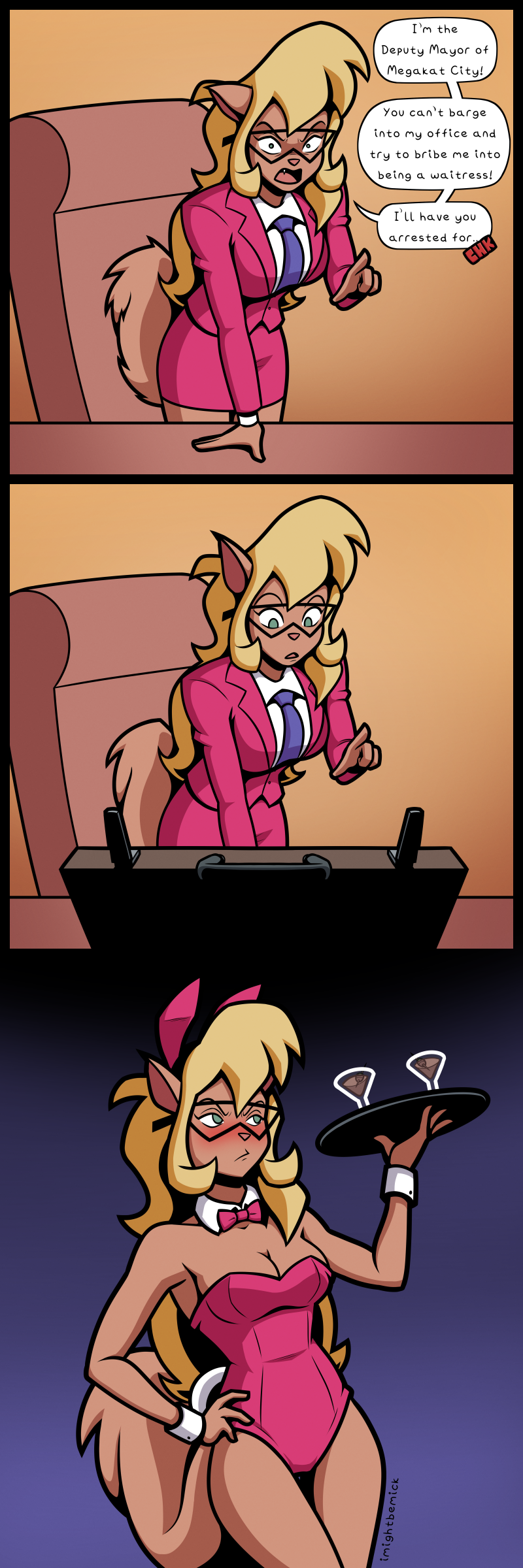 anthro blush breasts briefcase bunny_costume cleavage clothed clothing costume dialogue eyewear fake_ears fake_rabbit_ears female gesture glass glasses hand_gesture looking_at_viewer necktie platter pointing pointing_at_viewer solo talking_to_viewer text imightbemick hanna-barbera swat_kats callie_briggs domestic_cat felid feline felis mammal 1:3 absurd_res english_text hi_res